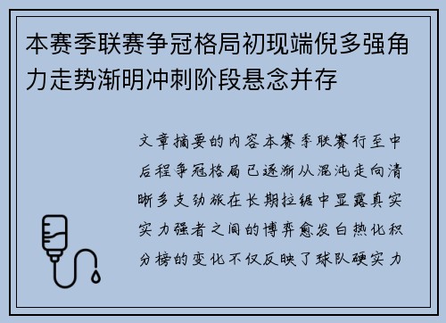 本赛季联赛争冠格局初现端倪多强角力走势渐明冲刺阶段悬念并存